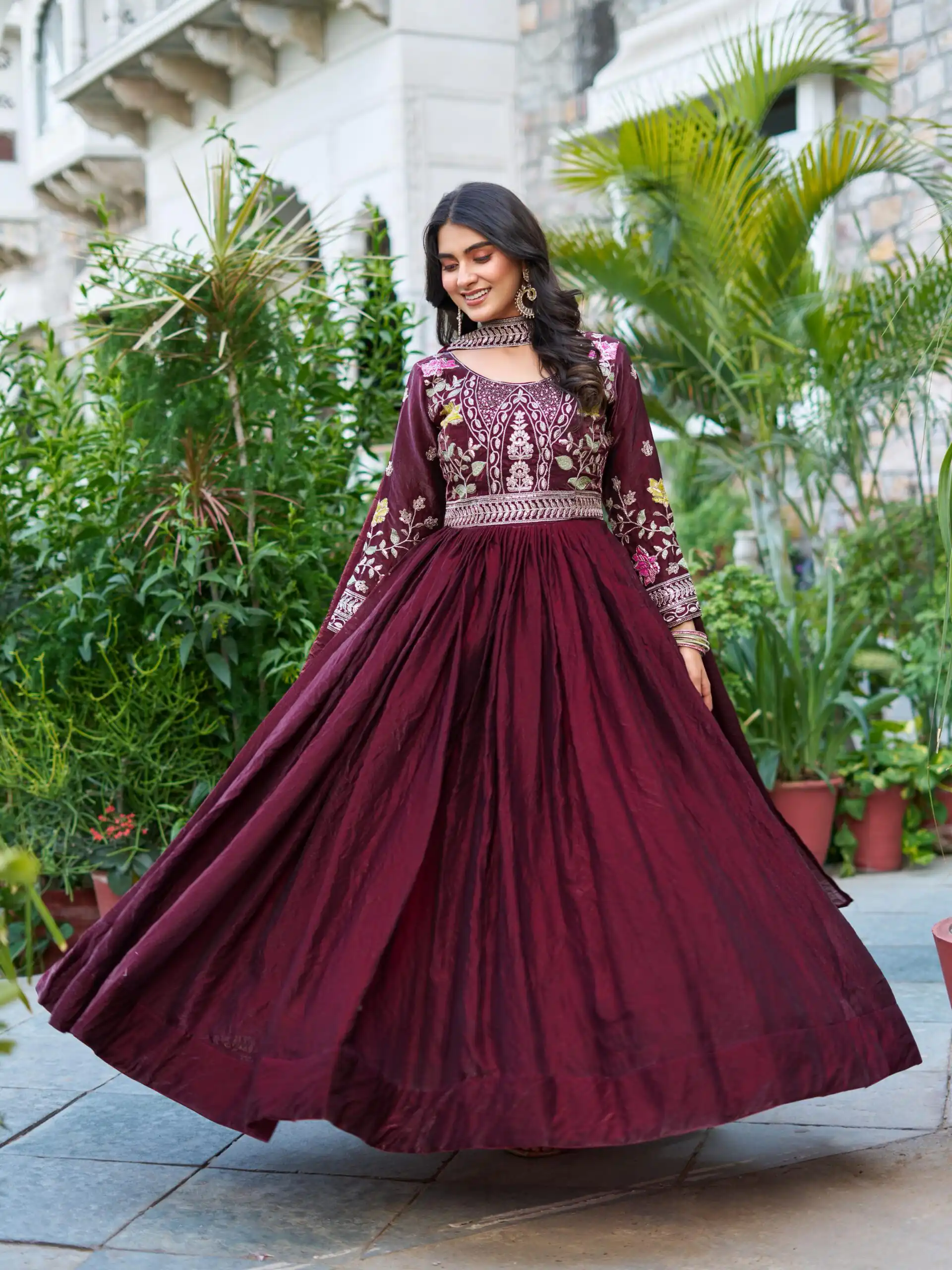 Maroon Fendy Silk Embroidery Work Gown | Gowns, Bollywood Gowns, Creative Gowns, Designer Gowns, Embroidered Gowns, Party Wear Gowns