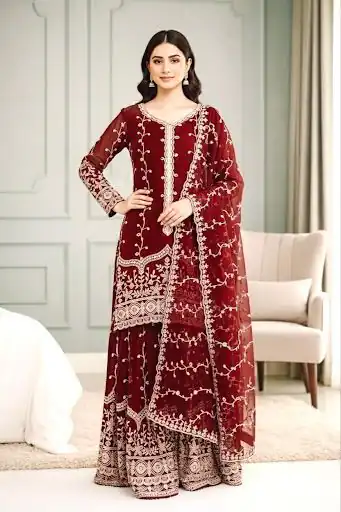 Maroon Fendy Silk Embroidery Work Salwar Suit | Jump Suits, Salwar suit, Casual Suits, Creative suits, Designer Suits, Palazzo Suits, Party Wear Suits, Patiala Suits, Straight Suits