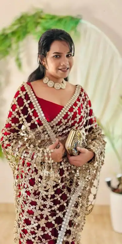 Maroon Fendy Silk Lace Mirror Work Saree | Sarees, Bollywood Sarees, Creative Sarees, Designer Sarees, Embroidered Sarees, Ethnic Saree, Modern Digital sarees, Party Wear Sarees