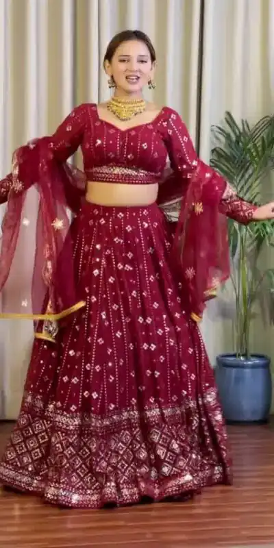 Maroon Fox Georgette Sequence Work Lehenga Choli | Lehenga, Bollywood Lehenga, Creative Lehenga, Designer Lehenga, Embroidered Lehenga, Party Wear Lehenga