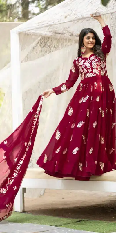 Maroon Fox Georgette With Embroidery Work Gown | Gowns, Bollywood Gowns, Creative Gowns, Designer Gowns, Embroidered Gowns, Party Wear Gowns