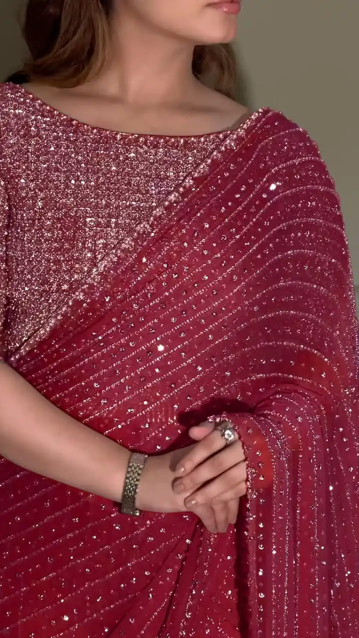 Maroon Georgette Embroidery Saree | Sarees, Bollywood Sarees, Creative Sarees, Designer Sarees, Embroidered Sarees, Ethnic Saree, Modern Digital sarees, Party Wear Sarees