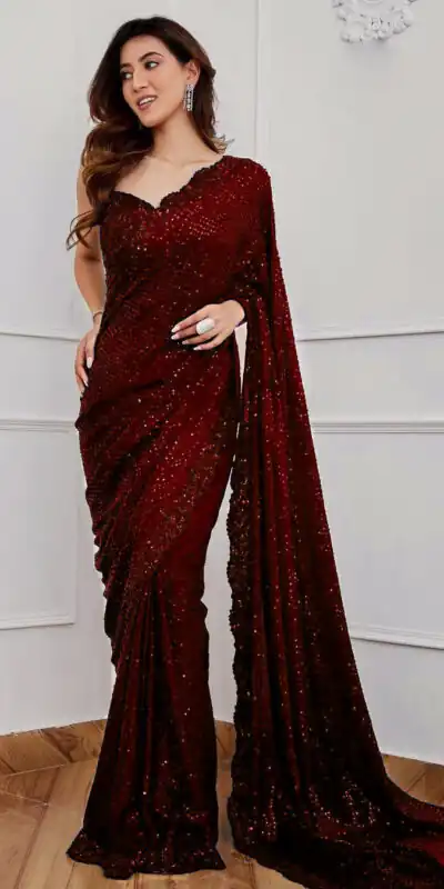 Maroon Georgette Embroidery Sequins Work Saree | Sarees, Bollywood Sarees, Creative Sarees, Designer Sarees, Embroidered Sarees, Ethnic Saree, Modern Digital sarees, Party Wear Sarees