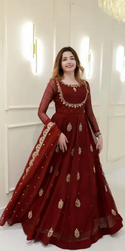 Maroon Georgette Embroidery Work Gown | Gowns, Bollywood Gowns, Creative Gowns, Designer Gowns, Embroidered Gowns, Party Wear Gowns