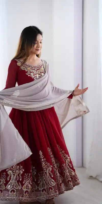 Maroon Georgette With Embroidery Work Gown | Jump Suits, Salwar suit, Casual Suits, Creative suits, Designer Suits, Palazzo Suits, Party Wear Suits, Patiala Suits, Straight Suits