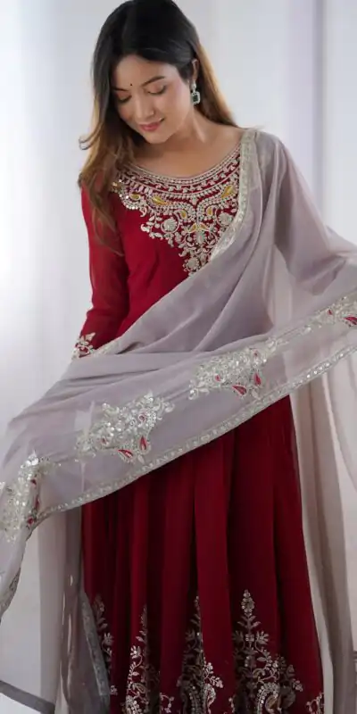Maroon Georgette With Embroidery Work Gown | Jump Suits, Salwar suit, Casual Suits, Creative suits, Designer Suits, Palazzo Suits, Party Wear Suits, Patiala Suits, Straight Suits