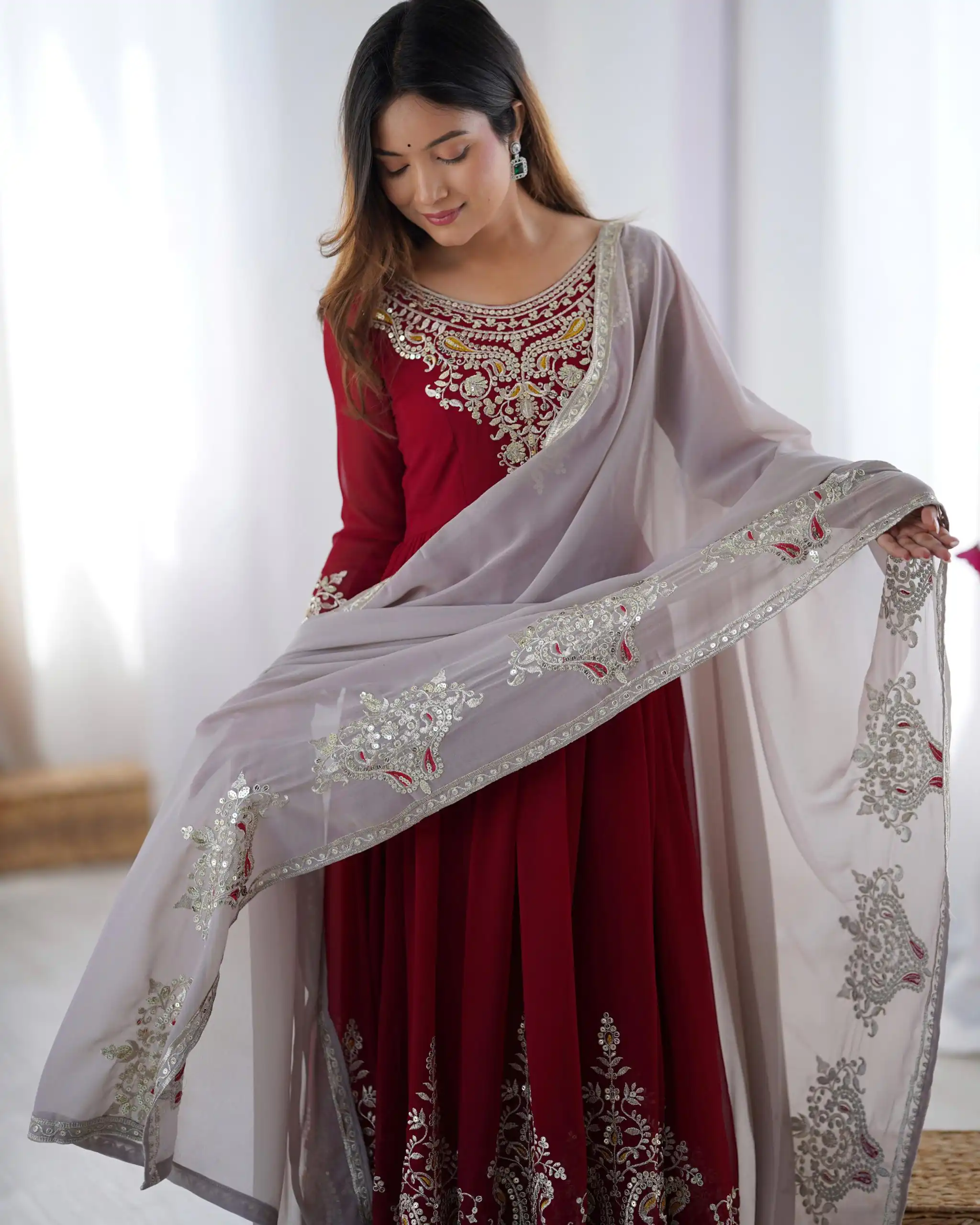Maroon Georgette With Embroidery Work Gown | Jump Suits, Salwar suit, Casual Suits, Creative suits, Designer Suits, Palazzo Suits, Party Wear Suits, Patiala Suits, Straight Suits