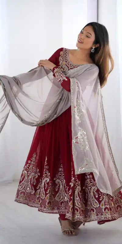 Maroon Georgette With Embroidery Work Gown | Jump Suits, Salwar suit, Casual Suits, Creative suits, Designer Suits, Palazzo Suits, Party Wear Suits, Patiala Suits, Straight Suits