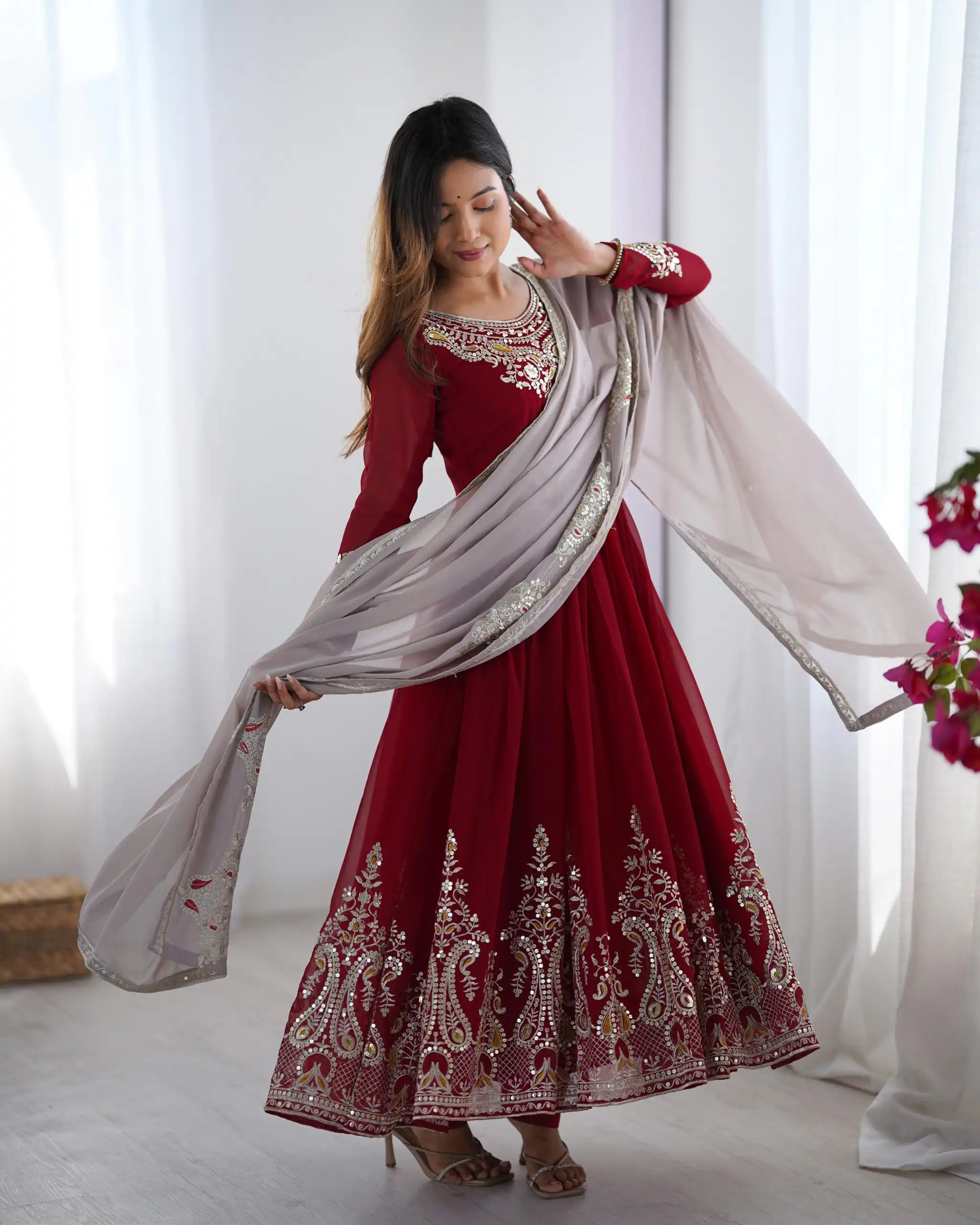 Maroon Georgette With Embroidery Work Gown | Jump Suits, Salwar suit, Casual Suits, Creative suits, Designer Suits, Palazzo Suits, Party Wear Suits, Patiala Suits, Straight Suits