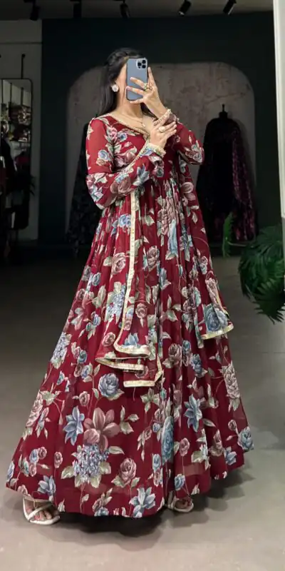 Maroon Marble Floral Print Lace Touch Up Gown | Gowns, Bollywood Gowns, Creative Gowns, Designer Gowns, Embroidered Gowns, Party Wear Gowns