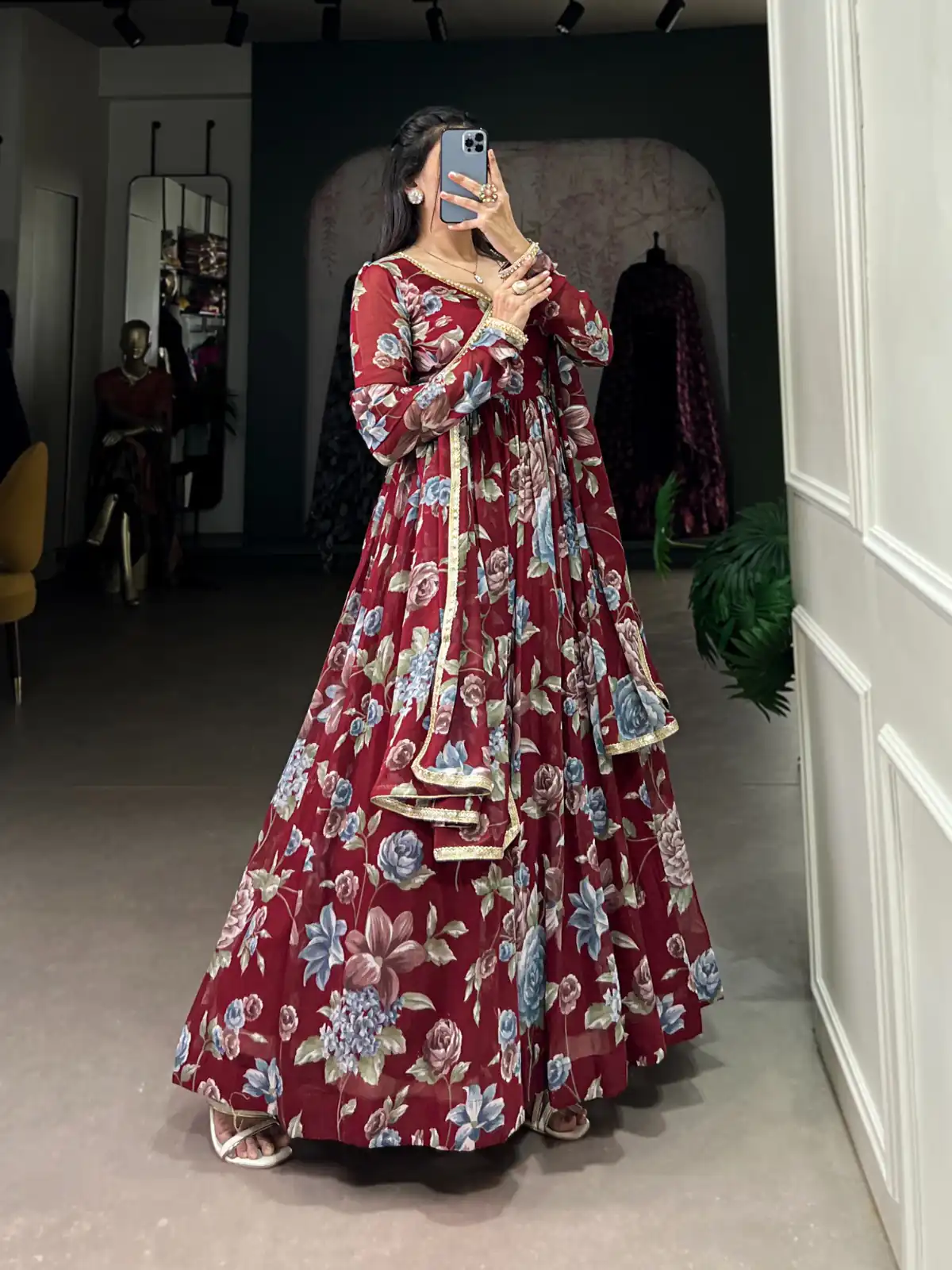 Maroon Marble Floral Print Lace Touch Up Gown | Gowns, Bollywood Gowns, Creative Gowns, Designer Gowns, Embroidered Gowns, Party Wear Gowns