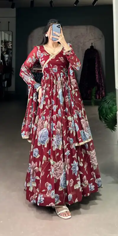 Maroon Marble Floral Print Lace Touch Up Gown | Gowns, Bollywood Gowns, Creative Gowns, Designer Gowns, Embroidered Gowns, Party Wear Gowns