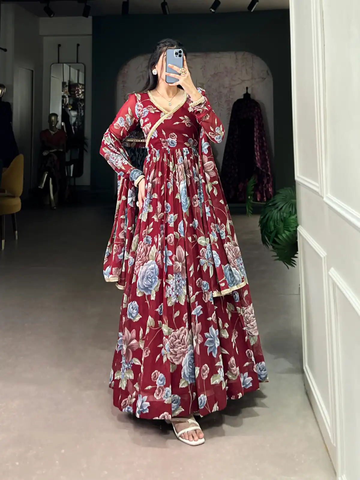 Maroon Marble Floral Print Lace Touch Up Gown | Gowns, Bollywood Gowns, Creative Gowns, Designer Gowns, Embroidered Gowns, Party Wear Gowns