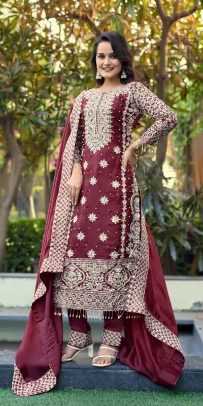 Maroon Organza Silk Embroidery Work Salwar Suit | Jump Suits, Salwar suit, Casual Suits, Creative suits, Designer Suits, Palazzo Suits, Party Wear Suits, Patiala Suits, Straight Suits