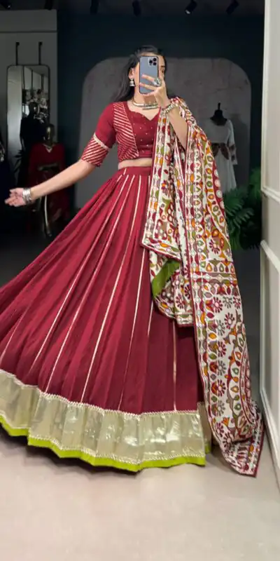 Maroon Pure Chanderi Zari Work Gotta Patti Lehenga Choli | Lehenga, Bollywood Lehenga, Creative Lehenga, Designer Lehenga, Embroidered Lehenga, Party Wear Lehenga