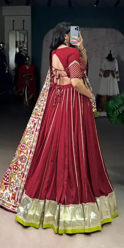 Maroon Pure Chanderi Zari Work Gotta Patti Lehenga Choli | Lehenga, Bollywood Lehenga, Creative Lehenga, Designer Lehenga, Embroidered Lehenga, Party Wear Lehenga