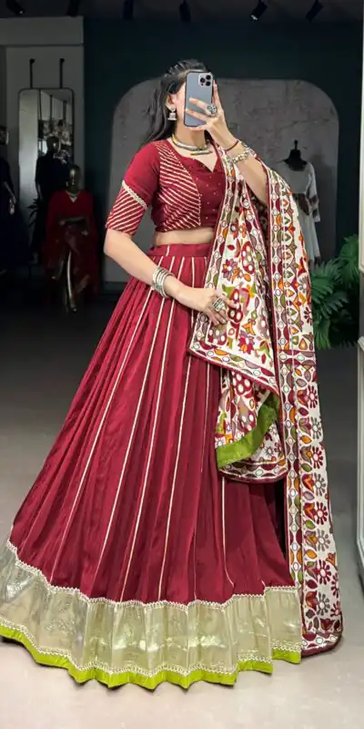 Maroon Pure Chanderi Zari Work Gotta Patti Lehenga Choli | Lehenga, Bollywood Lehenga, Creative Lehenga, Designer Lehenga, Embroidered Lehenga, Party Wear Lehenga