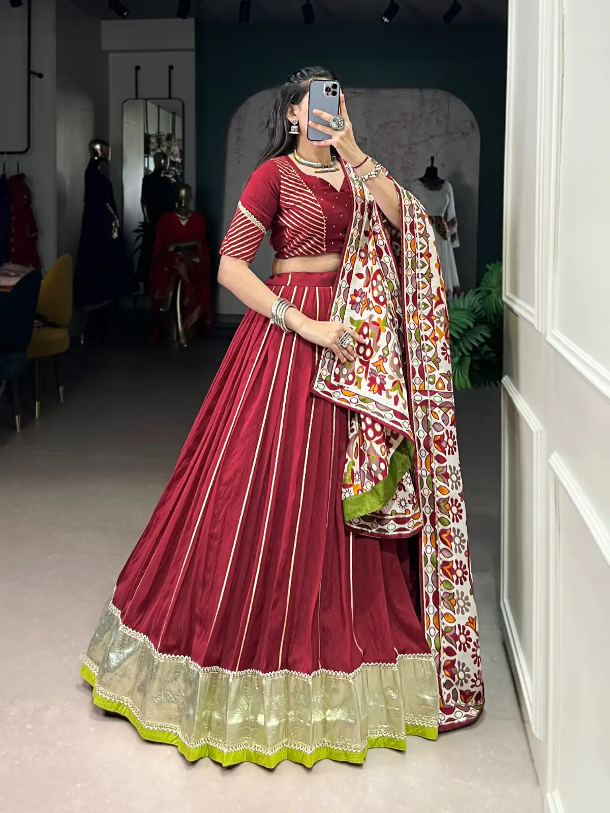 Maroon Pure Chanderi Zari Work Gotta Patti Lehenga Choli | Lehenga, Bollywood Lehenga, Creative Lehenga, Designer Lehenga, Embroidered Lehenga, Party Wear Lehenga