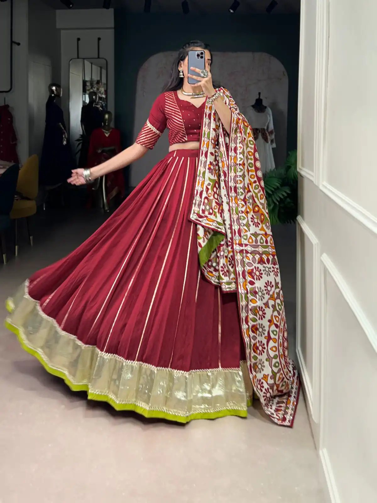 Maroon Pure Chanderi Zari Work Gotta Patti Lehenga Choli | Lehenga, Bollywood Lehenga, Creative Lehenga, Designer Lehenga, Embroidered Lehenga, Party Wear Lehenga