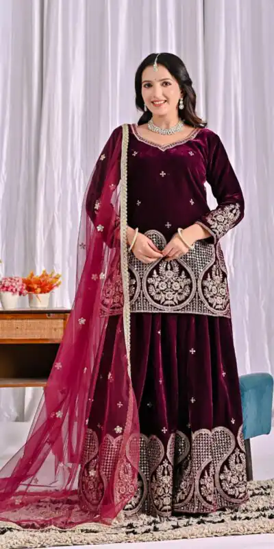 Maroon Pure Viscous Velvet Embroidery Work Salwar Suit | Jump Suits, Tops & Bottoms, Track Suits, Salwar suit, Casual Suits, Creative suits, Designer Suits, Palazzo Suits, Party Wear Suits, Patiala Suits, Straight Suits, Trendy Wear
