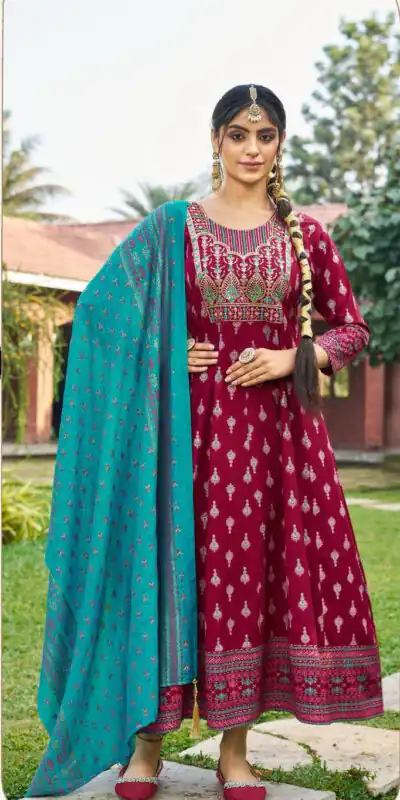 Maroon Rayon Embroidery Work Gown | Gowns, Bollywood Gowns, Creative Gowns, Designer Gowns, Embroidered Gowns, Party Wear Gowns