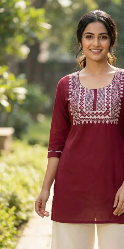 Maroon Rayon Thread Work Kurti | Kurti, Bollywood Kurti, Creative Kurtis, Designer Kurti, Party Wear Kurti, Selfie Kurti