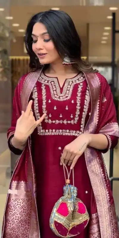 Maroon Roman Silk Coding Work Salwar Suit | Jump Suits, Salwar suit, Casual Suits, Creative suits, Designer Suits, Palazzo Suits, Party Wear Suits, Patiala Suits, Straight Suits