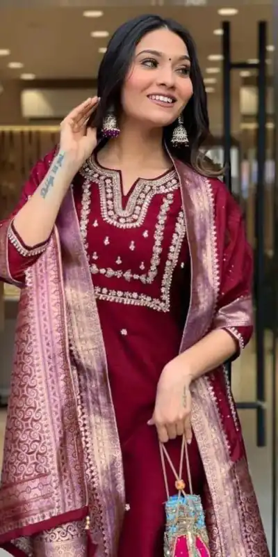 Maroon Roman Silk Coding Work Salwar Suit | Jump Suits, Salwar suit, Casual Suits, Creative suits, Designer Suits, Palazzo Suits, Party Wear Suits, Patiala Suits, Straight Suits