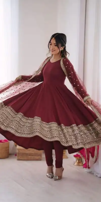 Maroon Roman Silk Embroidery Lace Work Gown | Gowns, Bollywood Gowns, Creative Gowns, Designer Gowns, Embroidered Gowns, Party Wear Gowns