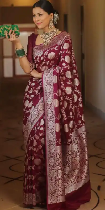 Maroon Soft Lichi Silk All Over Work Saree | Sarees, Bollywood Sarees, Creative Sarees, Designer Sarees, Embroidered Sarees, Ethnic Saree, Modern Digital sarees, Party Wear Sarees