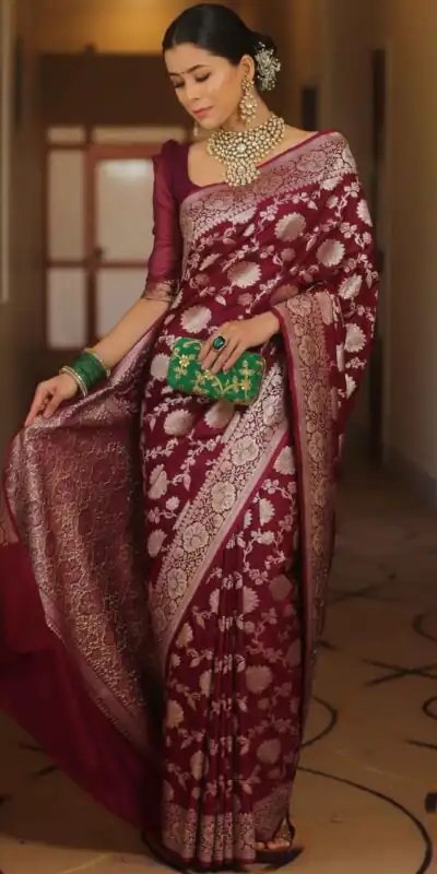 Maroon Soft Lichi Silk All Over Work Saree | Sarees, Bollywood Sarees, Creative Sarees, Designer Sarees, Embroidered Sarees, Ethnic Saree, Modern Digital sarees, Party Wear Sarees
