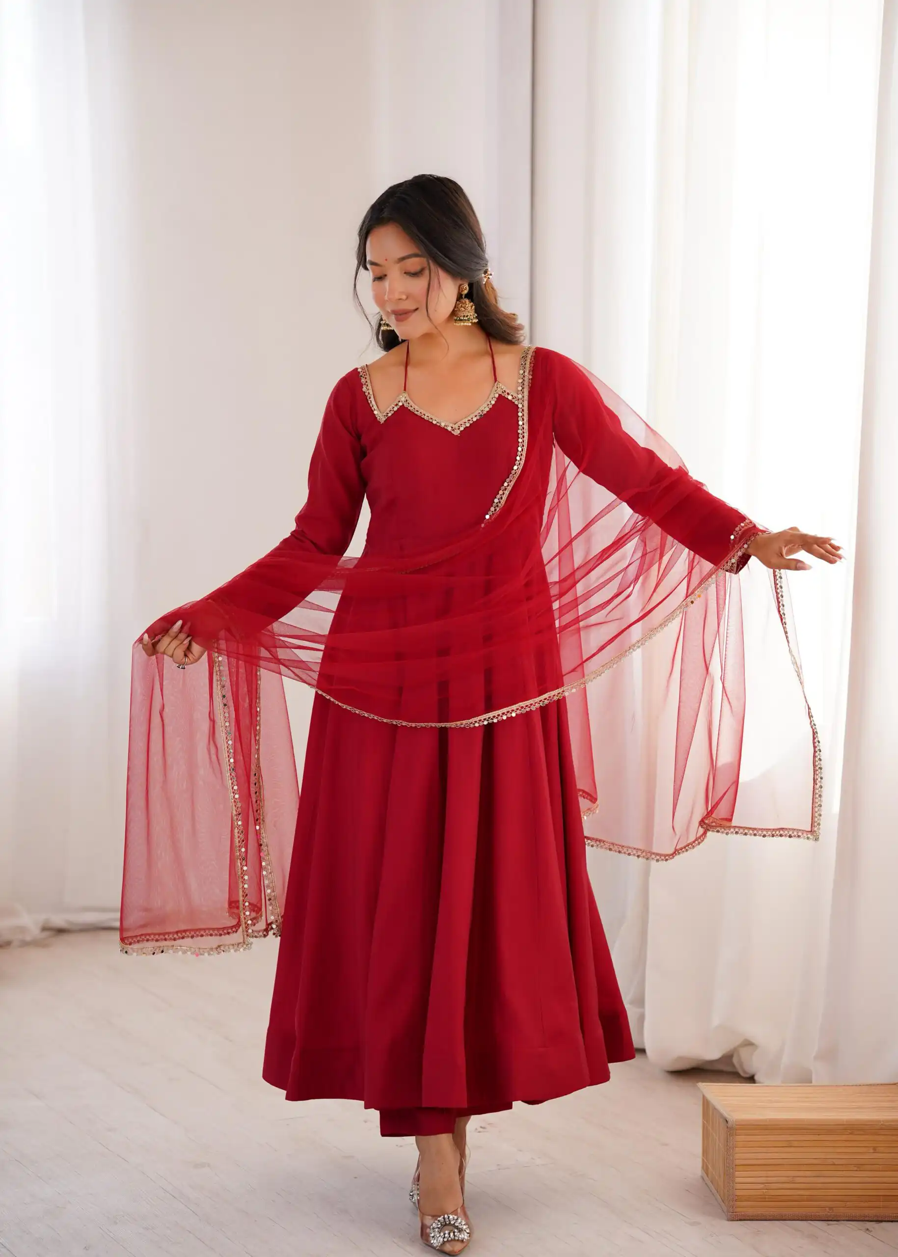 Maroon Soft Nylon Net Mirror Lace Work Anarkali Suit | Anarkali Suits, Bollywood Anarkali, Creative-Anarkali, Designer Anarkali, Embroidered Anarkali, Party Wear Anarkali