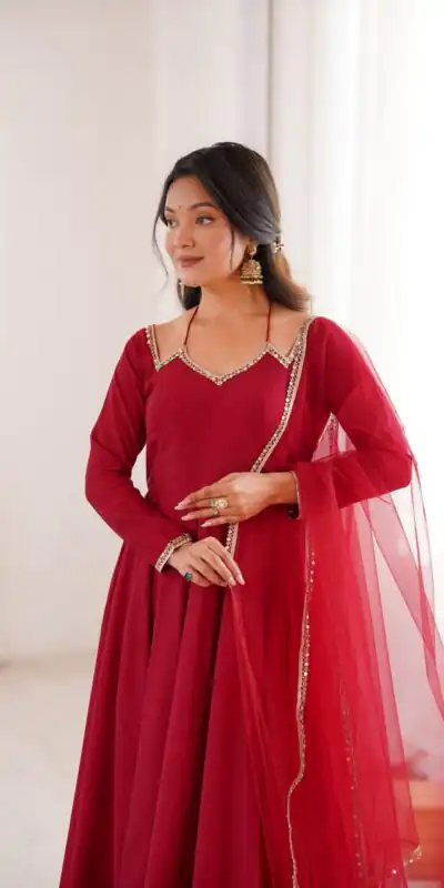 Maroon Soft Nylon Net Mirror Lace Work Anarkali Suit | Anarkali Suits, Bollywood Anarkali, Creative-Anarkali, Designer Anarkali, Embroidered Anarkali, Party Wear Anarkali