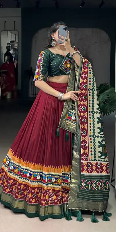 Maroon Tasar Silk Gamthi Work Lehenga Choli | Lehenga, Bollywood Lehenga, Creative Lehenga, Designer Lehenga, Embroidered Lehenga, Party Wear Lehenga