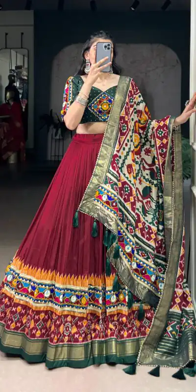 Maroon Tasar Silk Gamthi Work Lehenga Choli | Lehenga, Bollywood Lehenga, Creative Lehenga, Designer Lehenga, Embroidered Lehenga, Party Wear Lehenga