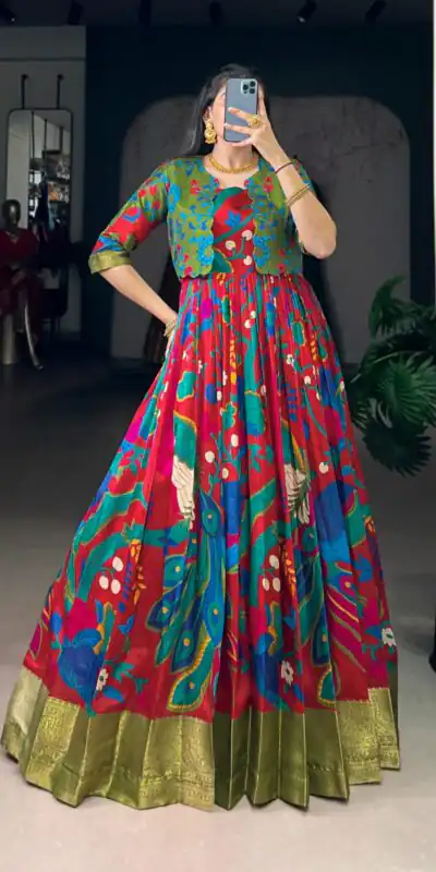 Maroon Taser Silk Zari Work Kalamkari Print Gown | Gowns, Bollywood Gowns, Creative Gowns, Designer Gowns, Embroidered Gowns, Party Wear Gowns