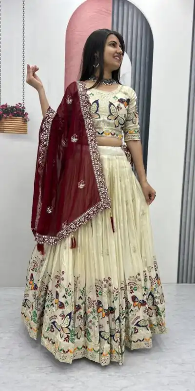 Maroon Tissue Silk Lace Thread Work Lehenga Choli | Lehenga, Bollywood Lehenga, Creative Lehenga, Designer Lehenga, Embroidered Lehenga, Party Wear Lehenga