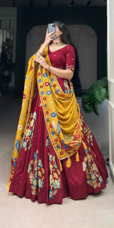 Maroon Tushar Silk Printed Foil Work Lehenga Choli | Lehenga, Bollywood Lehenga, Creative Lehenga, Designer Lehenga, Embroidered Lehenga, Party Wear Lehenga