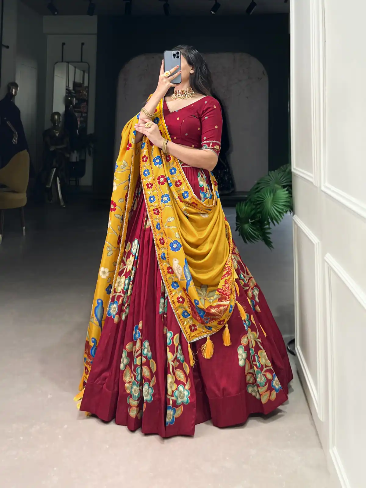 Maroon Tushar Silk Printed Foil Work Lehenga Choli | Lehenga, Bollywood Lehenga, Creative Lehenga, Designer Lehenga, Embroidered Lehenga, Party Wear Lehenga