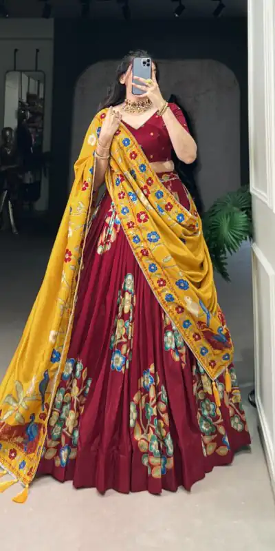 Maroon Tushar Silk Printed Foil Work Lehenga Choli | Lehenga, Bollywood Lehenga, Creative Lehenga, Designer Lehenga, Embroidered Lehenga, Party Wear Lehenga
