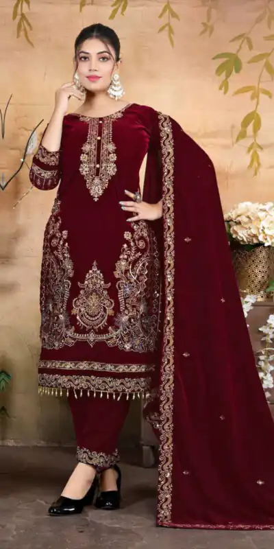 Maroon Velvet Embroidery Lace Work Salwar Suit | Jump Suits, Salwar suit, Casual Suits, Creative suits, Designer Suits, Palazzo Suits, Party Wear Suits, Patiala Suits, Straight Suits