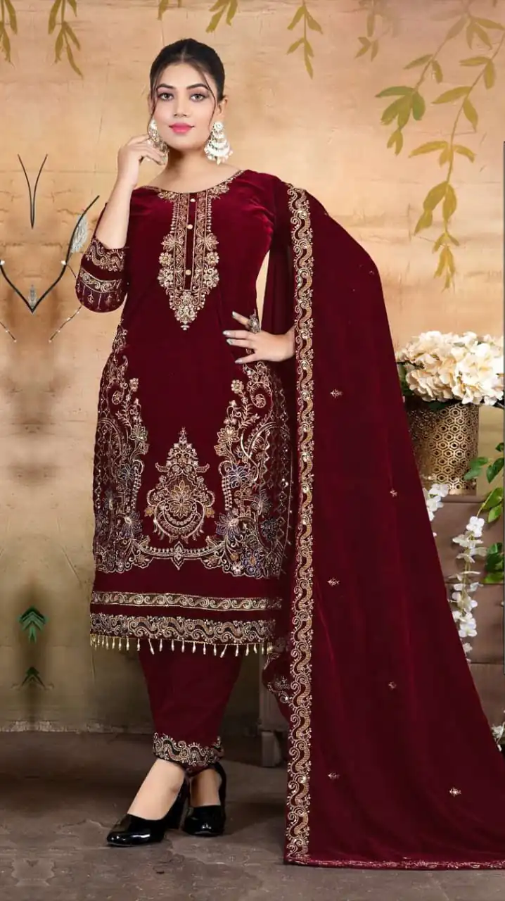Maroon Velvet Embroidery Lace Work Salwar Suit | Jump Suits, Salwar suit, Casual Suits, Creative suits, Designer Suits, Palazzo Suits, Party Wear Suits, Patiala Suits, Straight Suits