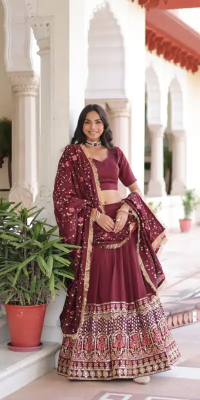 Maroon Vichitra Silk With Embroider Lehenga Choli | Lehenga, Bollywood Lehenga, Creative Lehenga, Designer Lehenga, Embroidered Lehenga, Party Wear Lehenga