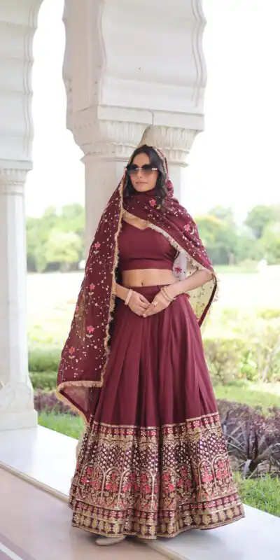 Maroon Vichitra Silk With Embroider Lehenga Choli | Lehenga, Bollywood Lehenga, Creative Lehenga, Designer Lehenga, Embroidered Lehenga, Party Wear Lehenga