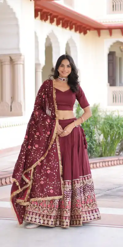 Maroon Vichitra Silk With Embroider Lehenga Choli | Lehenga, Bollywood Lehenga, Creative Lehenga, Designer Lehenga, Embroidered Lehenga, Party Wear Lehenga