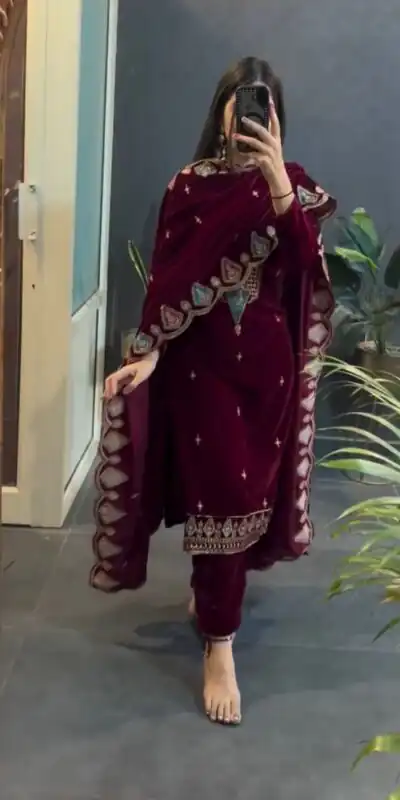 Maroon Viscose Velvet Embroidery Work Salwar Suit | Jump Suits, Tops & Bottoms, Track Suits, Salwar suit, Casual Suits, Creative suits, Designer Suits, Palazzo Suits, Party Wear Suits, Patiala Suits, Straight Suits, Trendy Wear