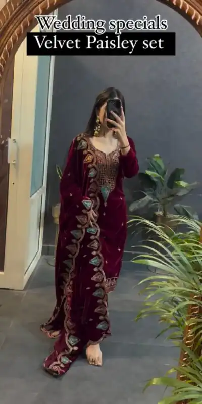 Maroon Viscose Velvet Embroidery Work Salwar Suit | Jump Suits, Tops & Bottoms, Track Suits, Salwar suit, Casual Suits, Creative suits, Designer Suits, Palazzo Suits, Party Wear Suits, Patiala Suits, Straight Suits, Trendy Wear