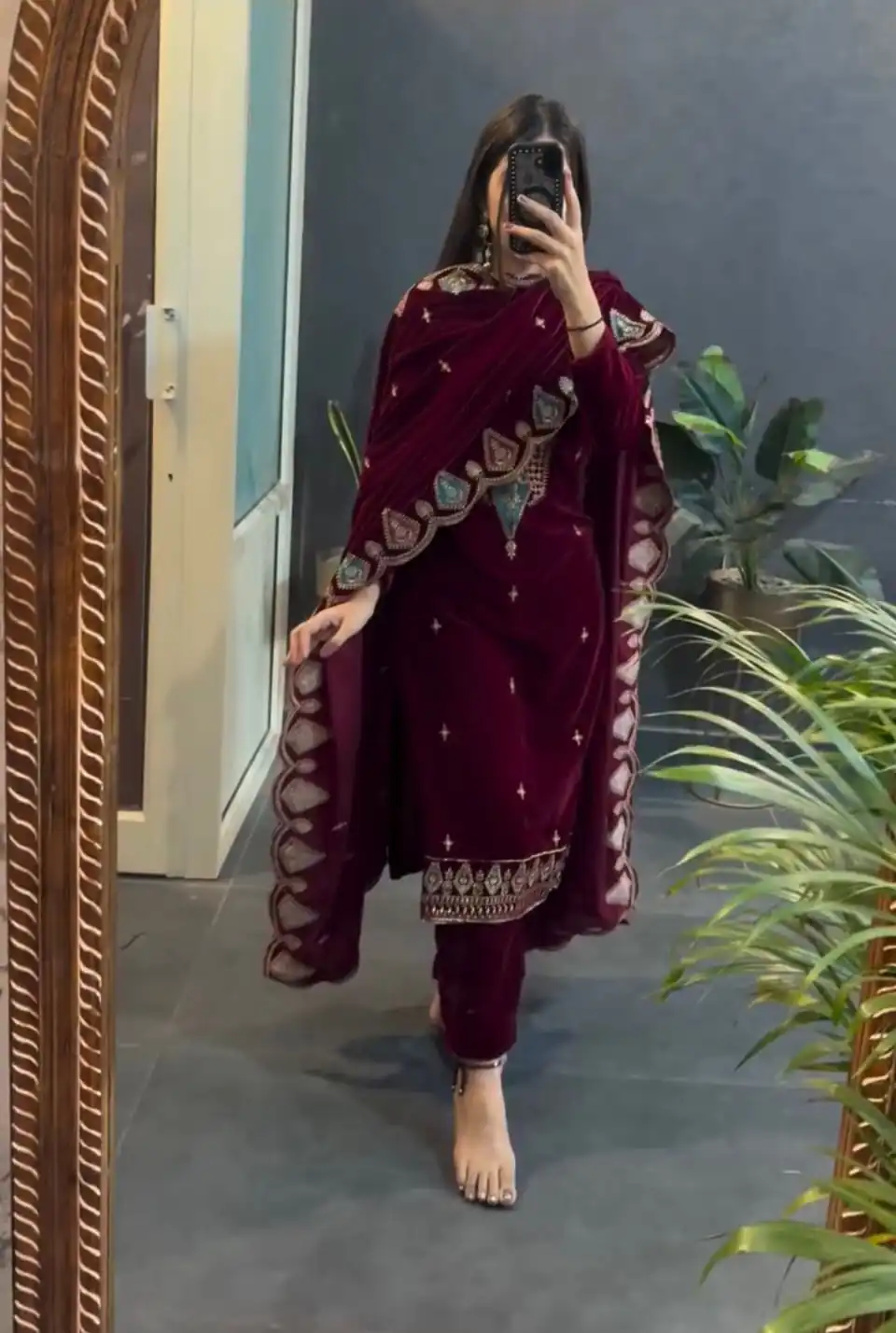 Maroon Viscose Velvet Embroidery Work Salwar Suit | Jump Suits, Tops & Bottoms, Track Suits, Salwar suit, Casual Suits, Creative suits, Designer Suits, Palazzo Suits, Party Wear Suits, Patiala Suits, Straight Suits, Trendy Wear