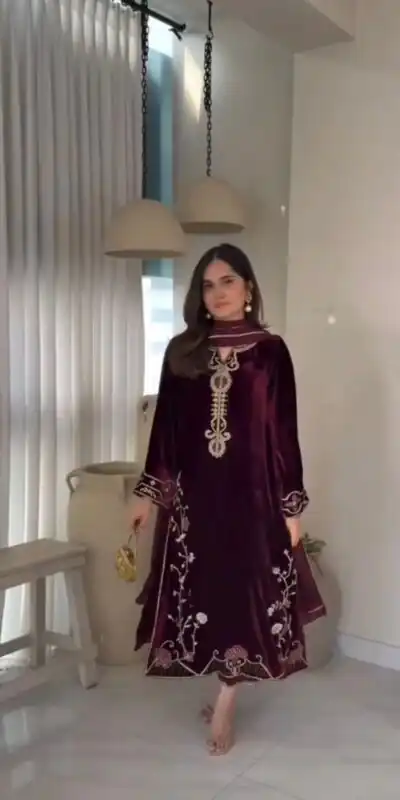 Maroon Viscose Velvet With Lace Work Salwar Suit | Lehenga, Bollywood Lehenga, Creative Lehenga, Designer Lehenga, Embroidered Lehenga, Party Wear Lehenga