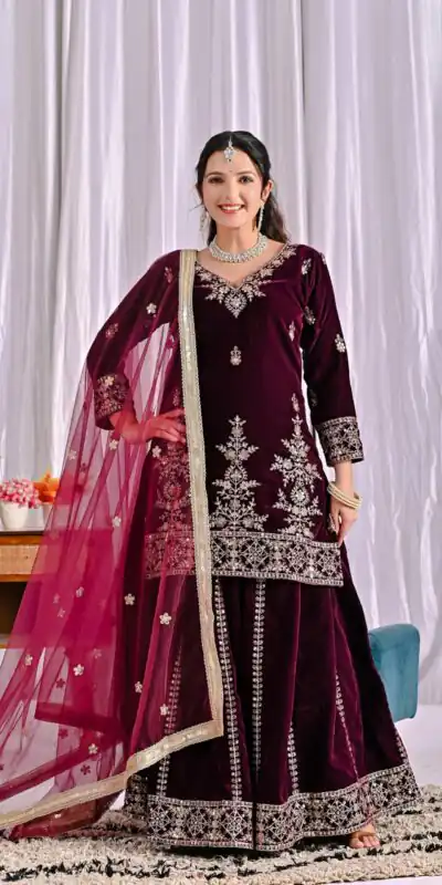 Maroon Viscous Velvet Embroidery Work Salwar Suit | Jump Suits, Salwar suit, Casual Suits, Creative suits, Designer Suits, Palazzo Suits, Party Wear Suits, Patiala Suits, Straight Suits